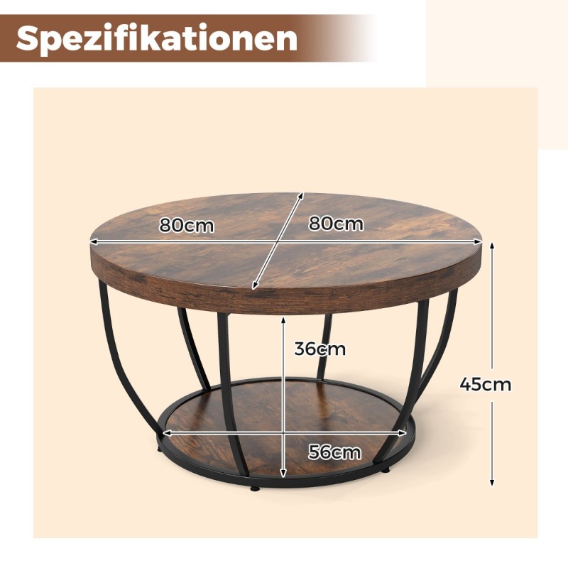Costway Στρογγυλό Τραπεζάκι Καφέ Ξύλινο με 2 Επίπεδα & Μεταλλικό Πλαίσιο για Καθιστικό σε Ρουστίκ Καφέ Χρώμα JV12526CF