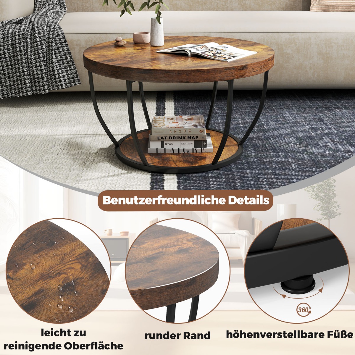 Costway Στρογγυλό Τραπεζάκι Καφέ Ξύλινο με 2 Επίπεδα & Μεταλλικό Πλαίσιο για Καθιστικό σε Ρουστίκ Καφέ Χρώμα JV12526CF