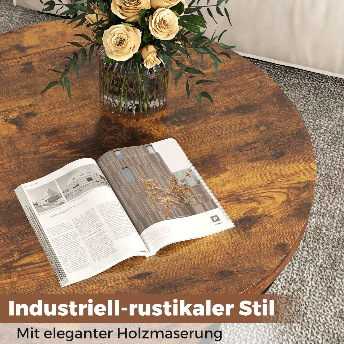 Costway Στρογγυλό Τραπεζάκι Καφέ Ξύλινο με 2 Επίπεδα & Μεταλλικό Πλαίσιο για Καθιστικό σε Ρουστίκ Καφέ Χρώμα JV12526CF