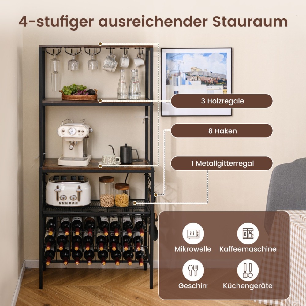 Costway Ρουστίκ Καφέ Ράφι Κρασιών με Πρίζα και Κρεμάστρες για Ποτήρια και Κούπες και 8 Άγκιστρα για Φούρνο Μικροκυμάτων JV12546DE-CF