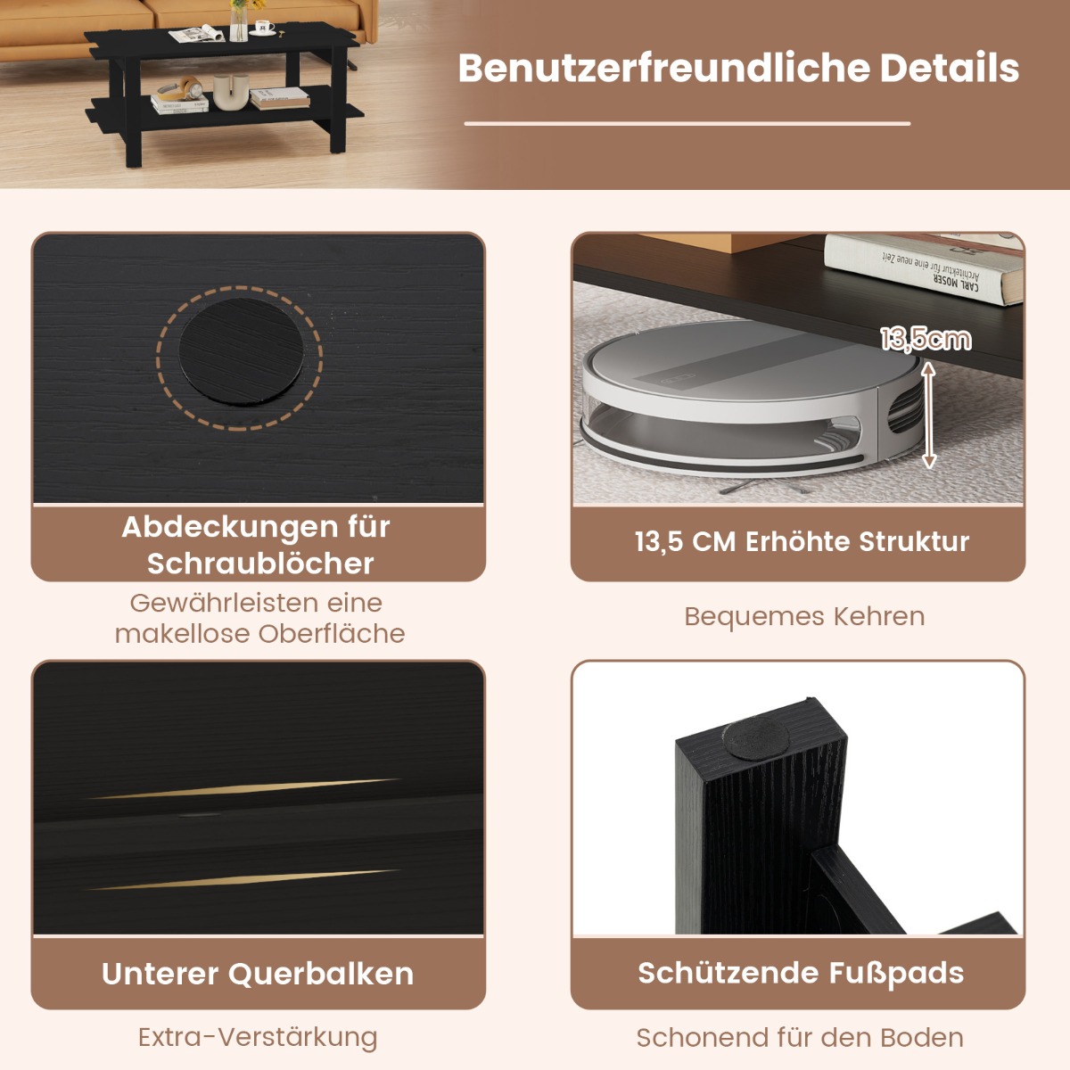 Costway Στυλάτο Τραπεζάκι Καφέ με Διπλό Χώρο Αποθήκευσης και Ανθεκτική Ξύλινη Κατασκευή JV12564DK