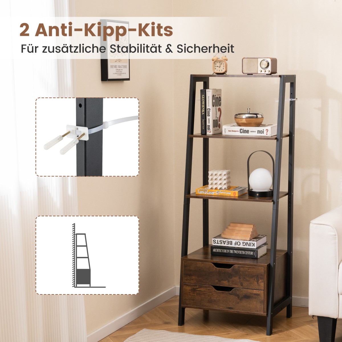 Costway Καφέ Ελεύθερη Σκάλα Ράφι 134cm με 4 Ανοιχτά Ράφια και 2 Συρτάρια JV12654CF