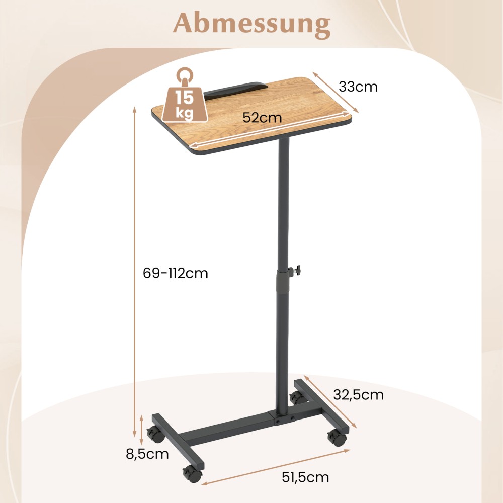 Costway Ρυθμιζόμενο Τραπέζι Κλίνης 52 x 33 x 112 cm με Τροχούς και Περιστρεφόμενη 360° Επιφάνεια Φυσικό χρώμα JV12759CF