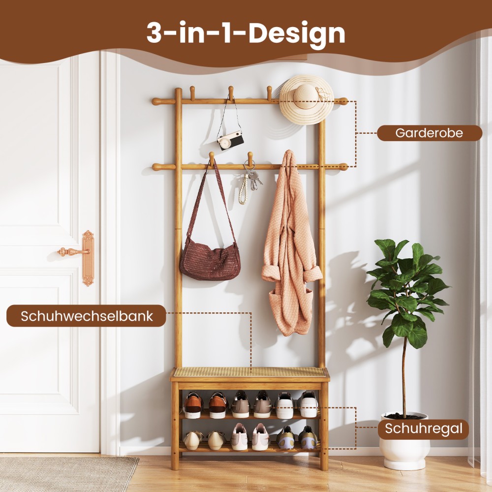 Costway Πολυλειτουργικός Καλόγερος με Παπουτσοθήκη & Ράφι Παπουτσιών & 2 Κονομές & 13 Άγκιστρα Φυσικό Χρώμα JV12779NA