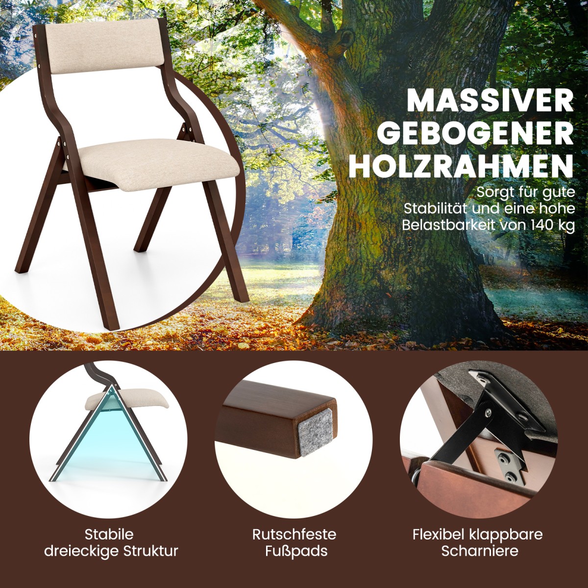 Costway Σετ 2 Καρέκλες Τραπεζαρίας με Μαξιλαρωτά Καθίσματα και Πλαίσιο από Μασίφ Ξύλο Πτυσσόμενες Καφέ JV12870CF-2