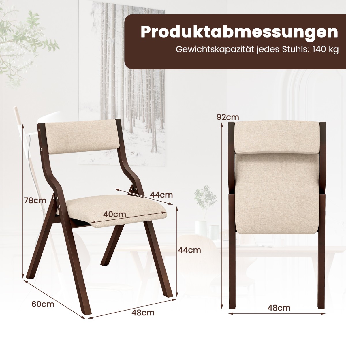 Costway Σετ 2 Καρέκλες Τραπεζαρίας με Μαξιλαρωτά Καθίσματα και Πλαίσιο από Μασίφ Ξύλο Πτυσσόμενες Καφέ JV12870CF-2