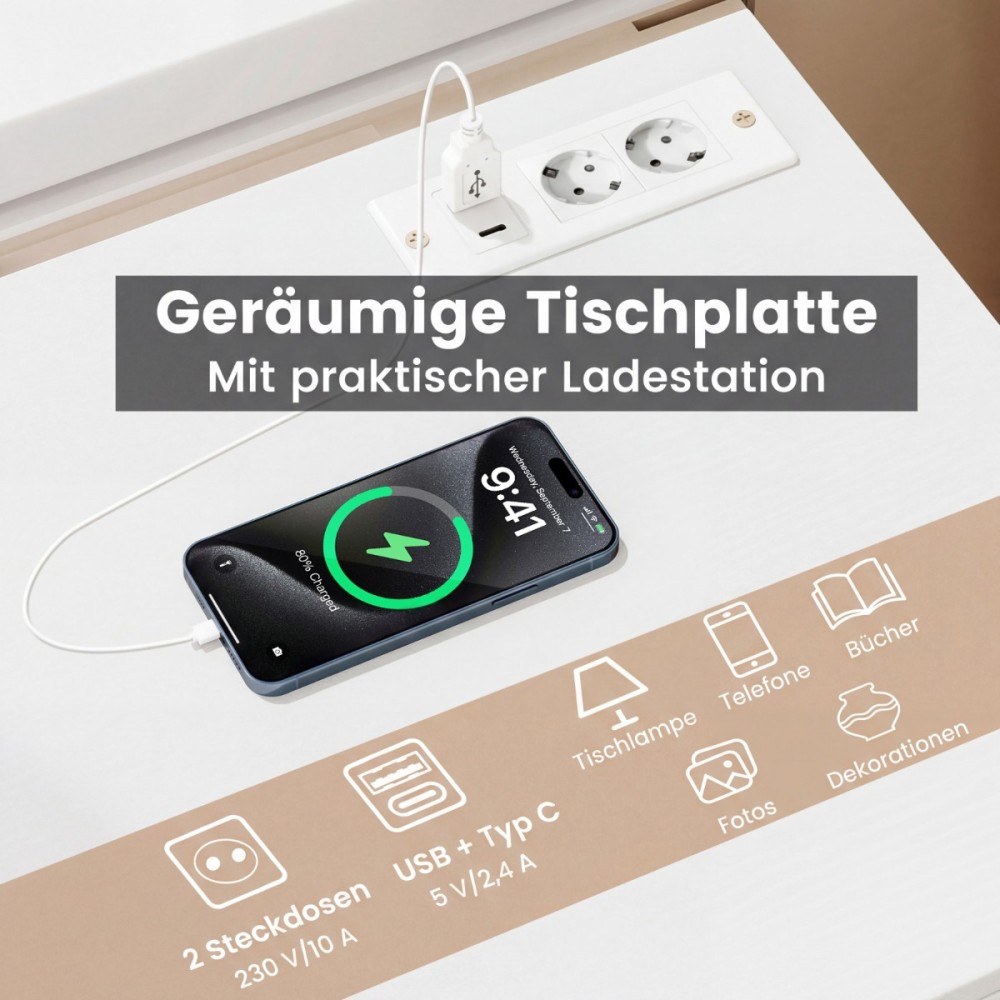 Costway Κομοδίνο με Σταθμό Φόρτισης, Μοντέρνο Κομοδίνο με 3 Συρτάρια Αποθήκευσης, 38 x 35 x 66 εκ., Λευκό JV13152DE-WH