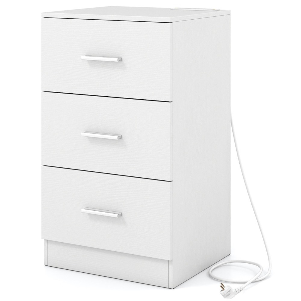 Costway Κομοδίνο με Σταθμό Φόρτισης, Μοντέρνο Κομοδίνο με 3 Συρτάρια Αποθήκευσης, 38 x 35 x 66 εκ., Λευκό JV13152DE-WH