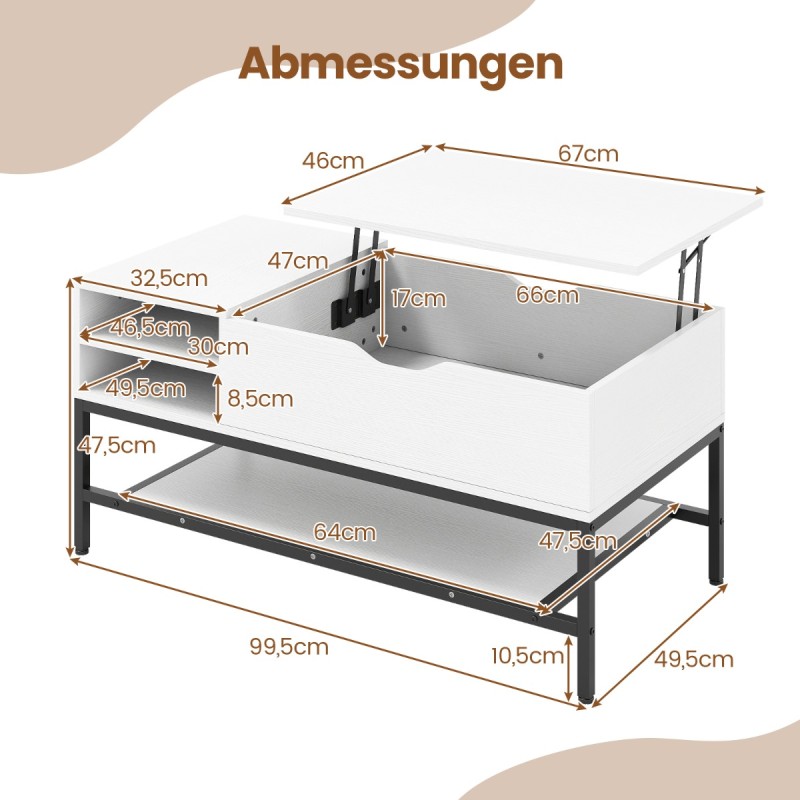 Costway Ρυθμιζόμενο Τραπέζι Καθιστικού με Κρυφό Αποθηκευτικό Χώρο και Ξύλινη Επιφάνεια - Λευκός Σοφάς με Ράφι JV13418WH