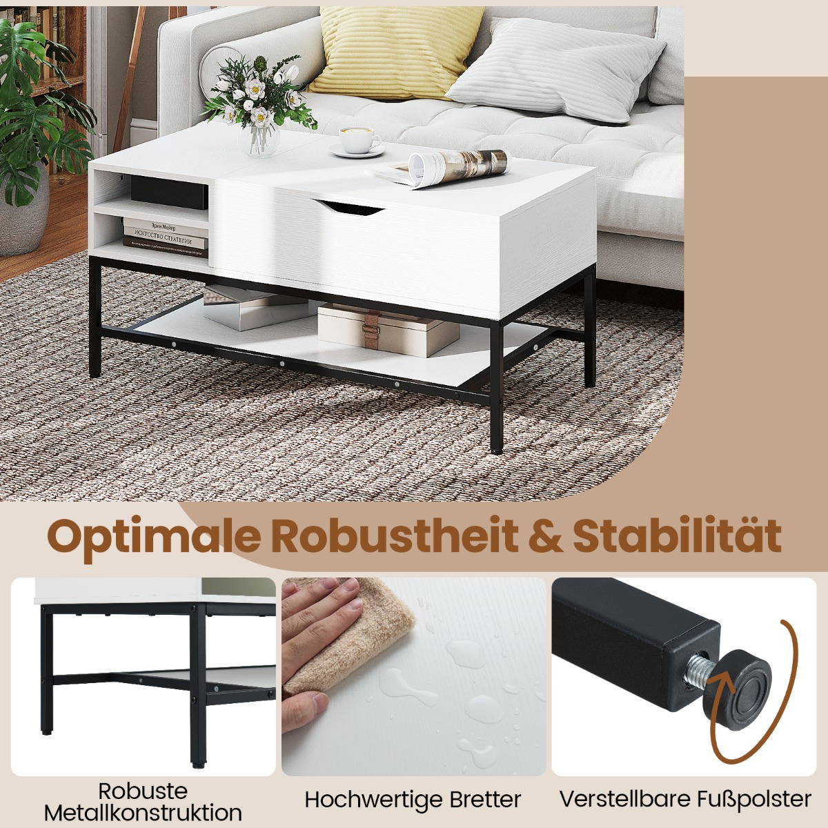 Costway Ρυθμιζόμενο Τραπέζι Καθιστικού με Κρυφό Αποθηκευτικό Χώρο και Ξύλινη Επιφάνεια - Λευκός Σοφάς με Ράφι JV13418WH