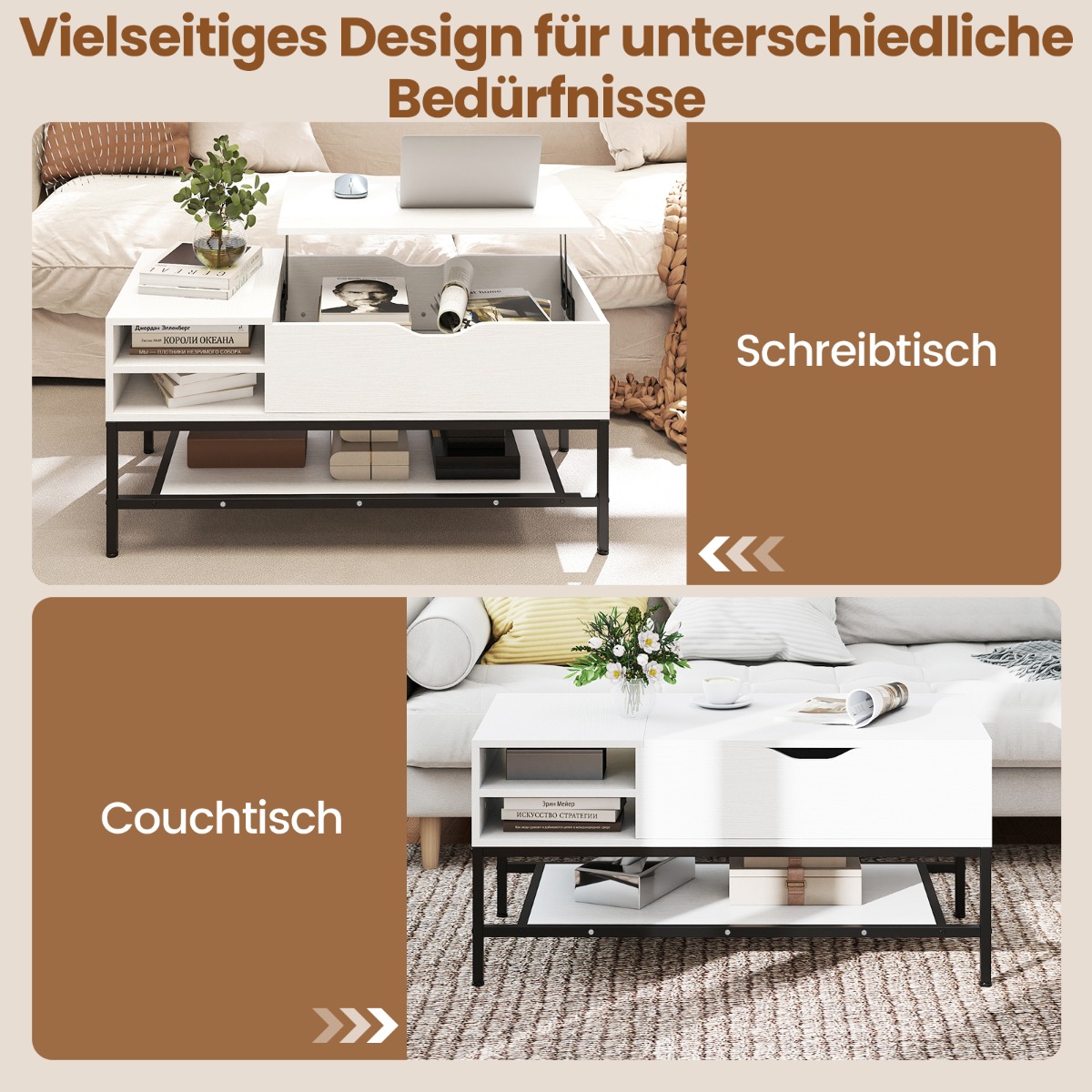 Costway Ρυθμιζόμενο Τραπέζι Καθιστικού με Κρυφό Αποθηκευτικό Χώρο και Ξύλινη Επιφάνεια - Λευκός Σοφάς με Ράφι JV13418WH