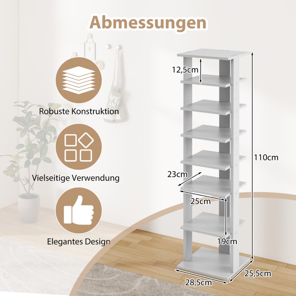 Costway Ξύλινη Παπουτσοθήκη 28,5 x 25,5 x 110 cm με 8 Στάδια Ρύθμισης για Εξοικονόμηση Χώρου JZ10140GR