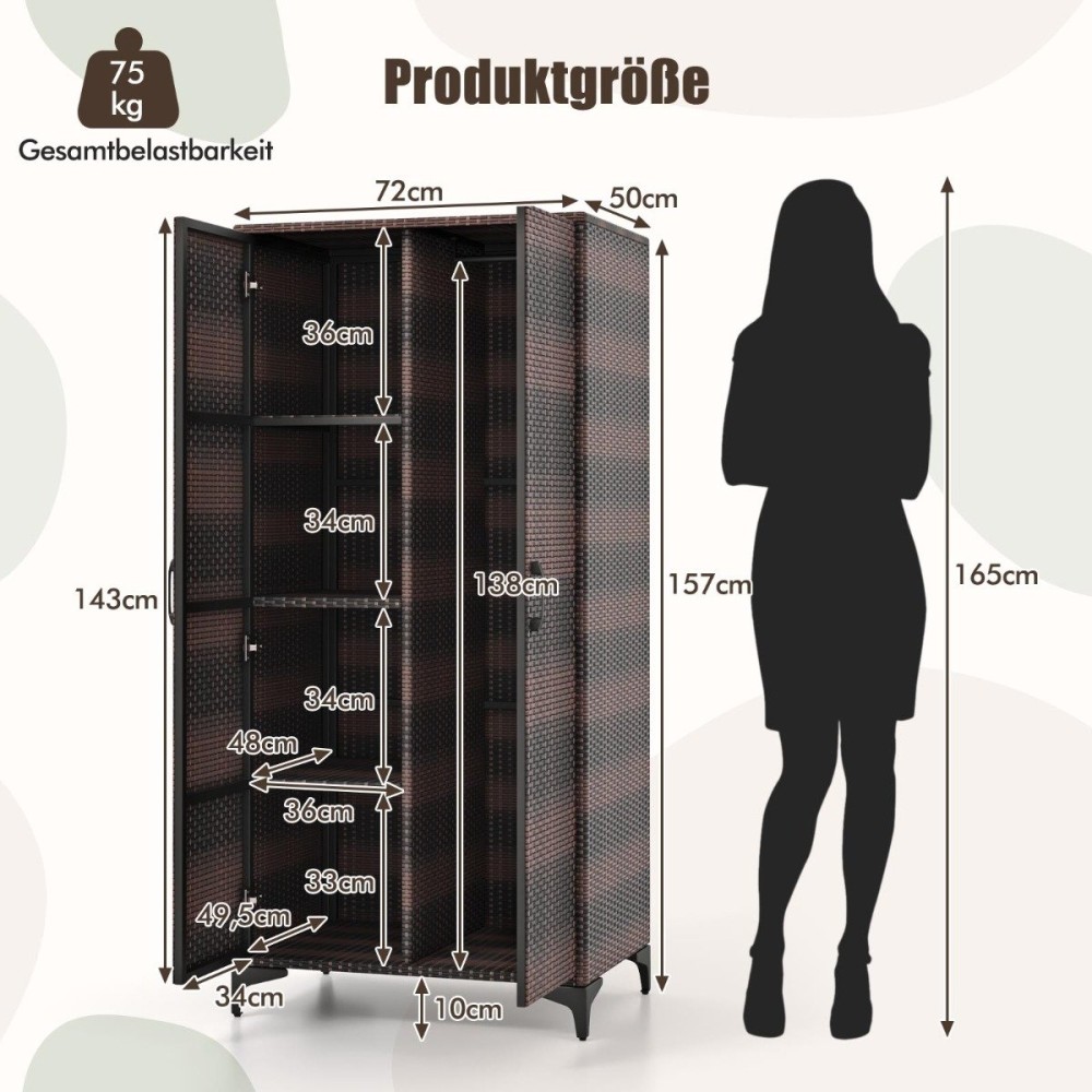 Costway  Πλεκτή Ντουλάπα Αποθήκευσης PE-Rattan με Ράγα & 4 Ράφια JZ10260CF