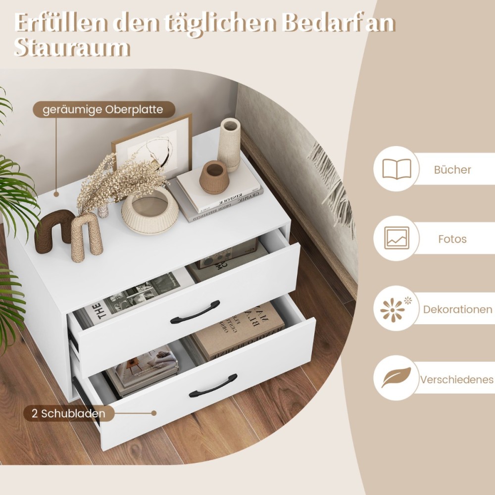 Costway Λευκή Ξύλινη Συρταριέρα με 2 Συρτάρια, Στοιβαζόμενη, 60 x 34 x 38 cm JZ10270WH