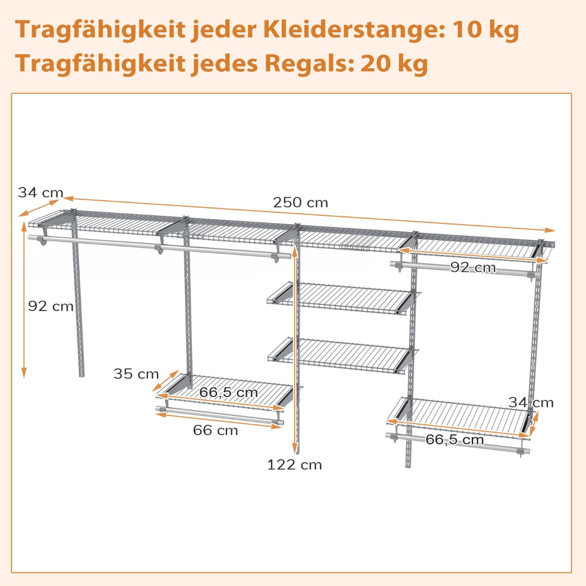 Costway Επεκτάσιμο Σύστημα Αποθήκευσης Γκρι 122 - 244 cm JZ10353GR
