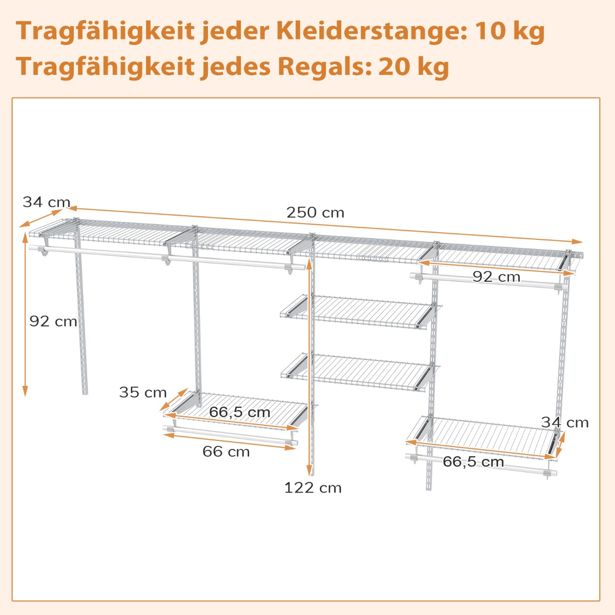 Costway Επεκτάσιμο Λευκό DIY Ανοιχτό Κρεμαστό Σύστημα Ρούχων 122-244cm JZ10353WH