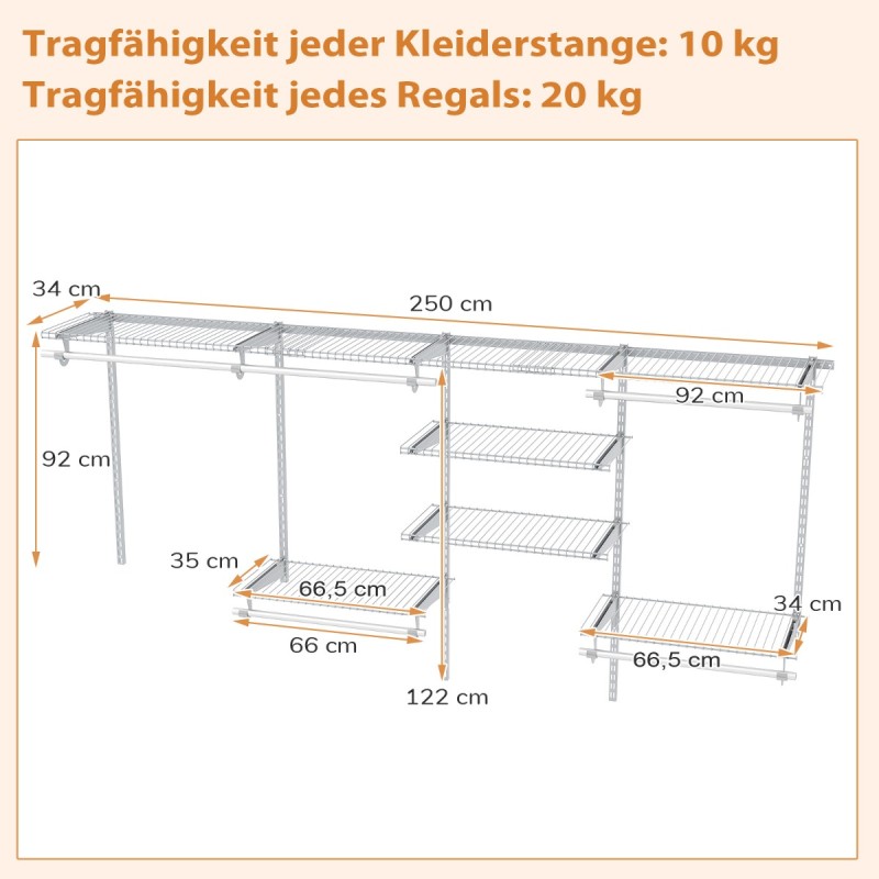 Costway Επεκτάσιμο Λευκό DIY Ανοιχτό Κρεμαστό Σύστημα Ρούχων 122-244cm JZ10353WH