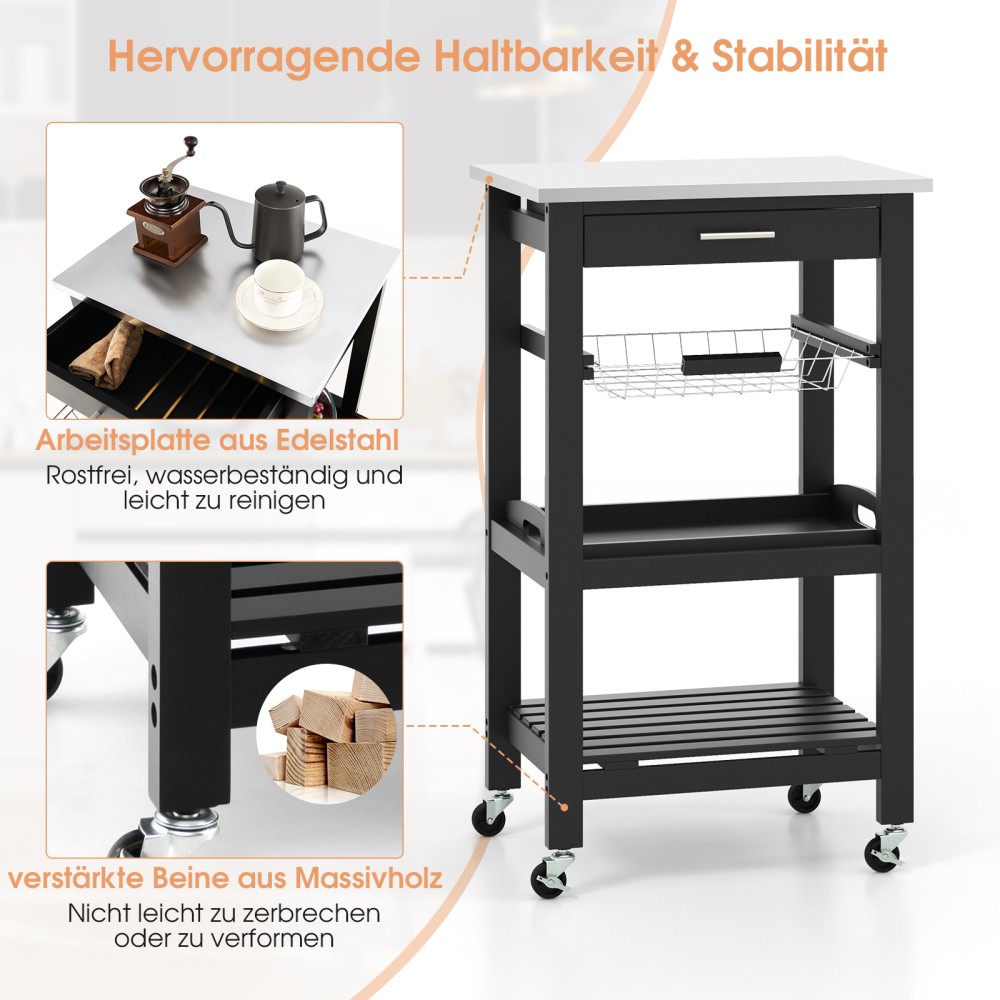 Costway Κουζίνο Τροχήλατο Καροτσάκι Σερβιρίσματος με Ανοξείδωτη Ατσάλινη Επιφάνεια Εργασίας 47 x 39 x 85 εκ. Μαύρο KC55423BK