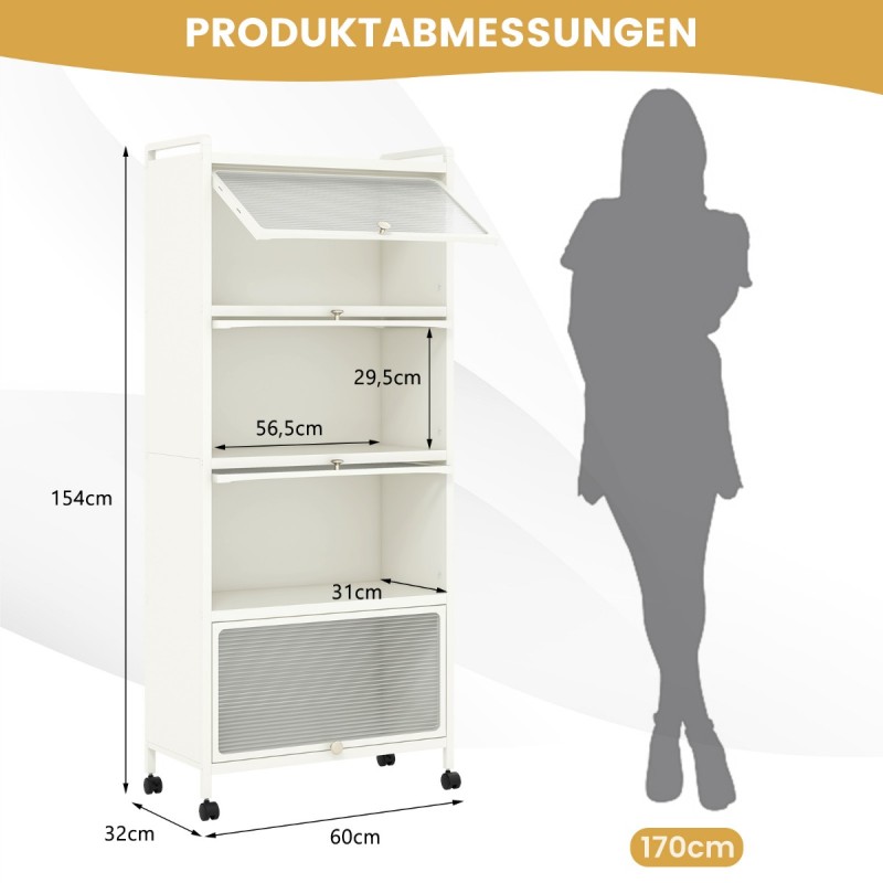 Costway Κινητή Ραφιέρα Κουζίνας με Ρόδες και Πτυσσόμενες Πόρτες για Φούρνο Μικροκυμάτων 60 x 32 x 154 cm Λευκό KC55620WH