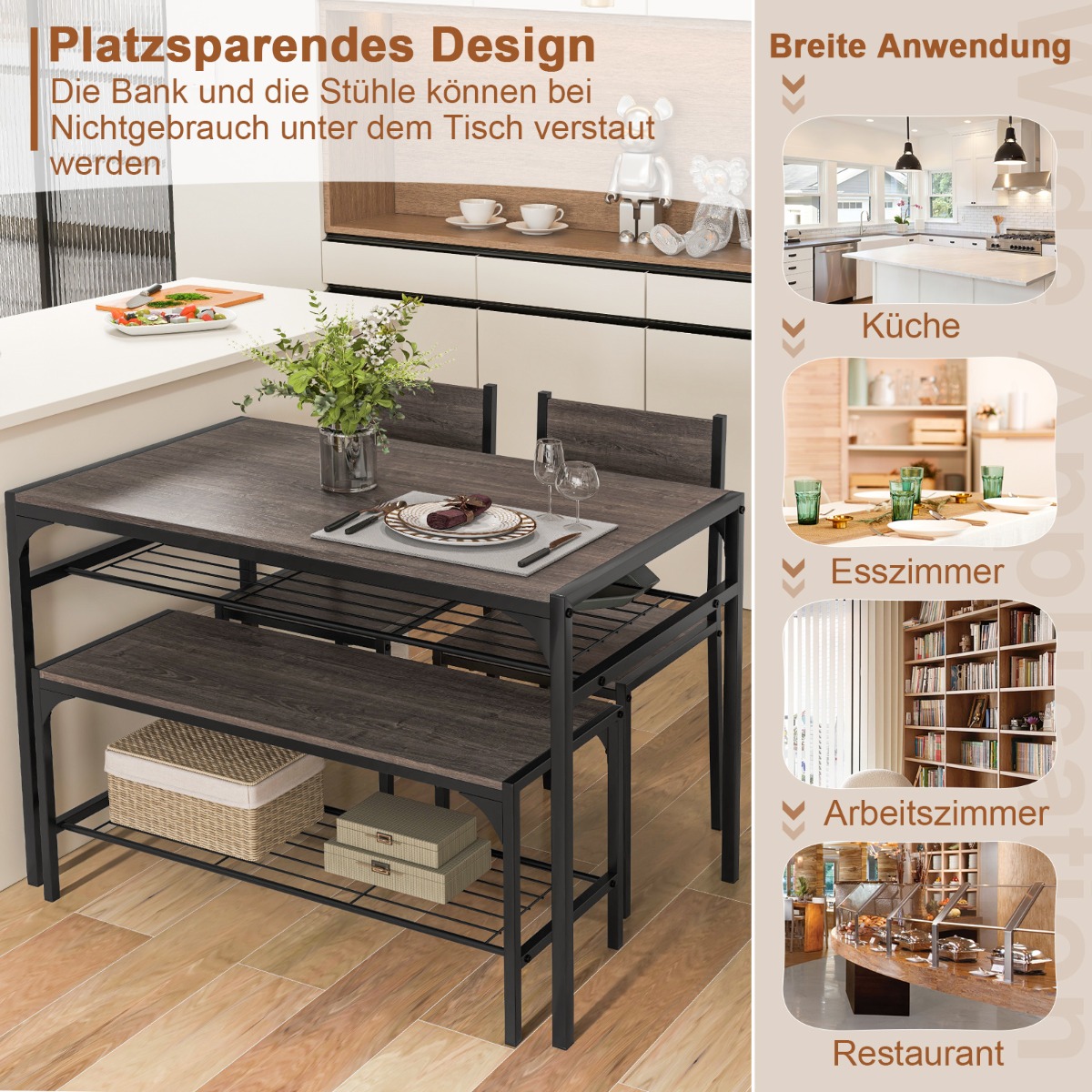 Costway Σετ Βιομηχανικής Τραπεζαρίας 4 Τεμαχίων με Γκρι Τραπέζι, 2 Καρέκλες, Πάγκο και Ράφι KC55777GR