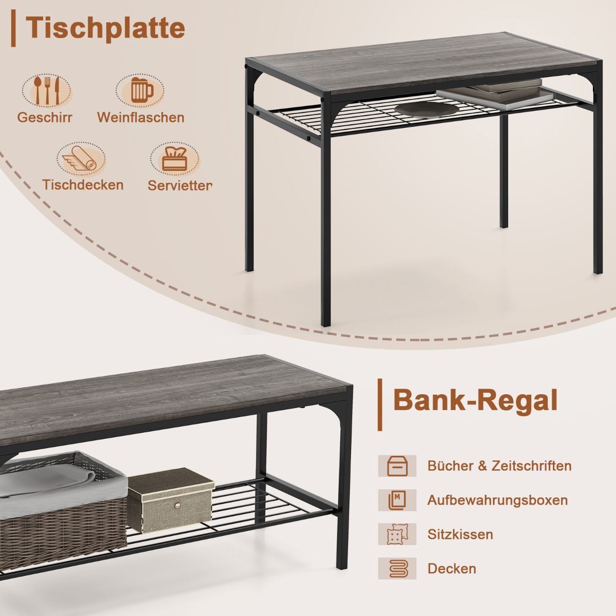 Costway Σετ Βιομηχανικής Τραπεζαρίας 4 Τεμαχίων με Γκρι Τραπέζι, 2 Καρέκλες, Πάγκο και Ράφι KC55777GR