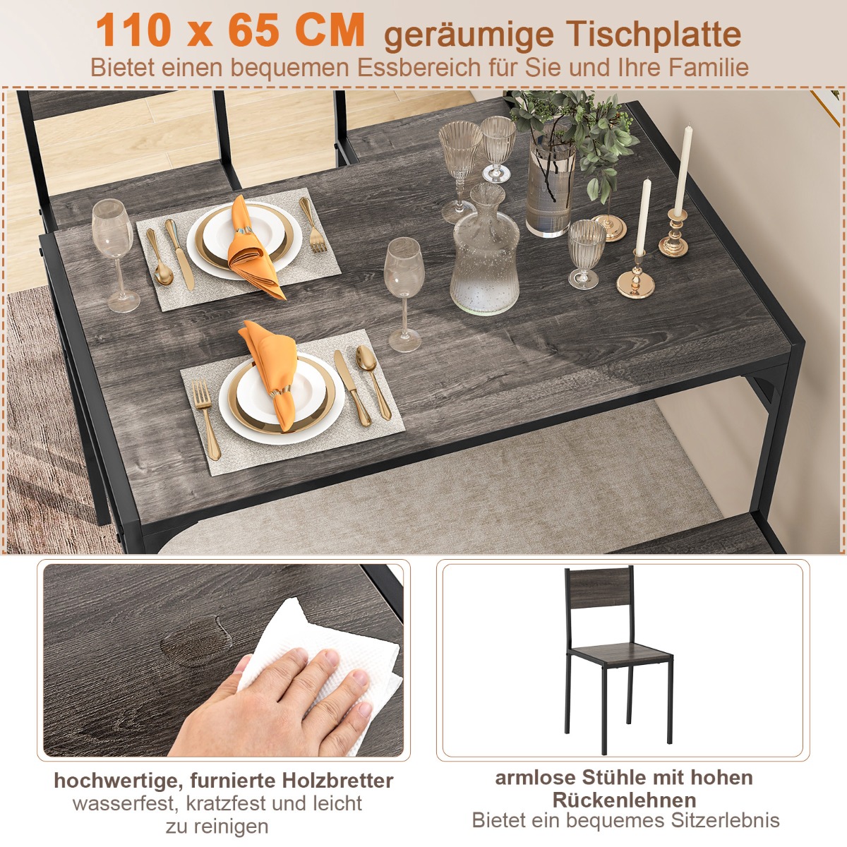 Costway Σετ Βιομηχανικής Τραπεζαρίας 4 Τεμαχίων με Γκρι Τραπέζι, 2 Καρέκλες, Πάγκο και Ράφι KC55777GR