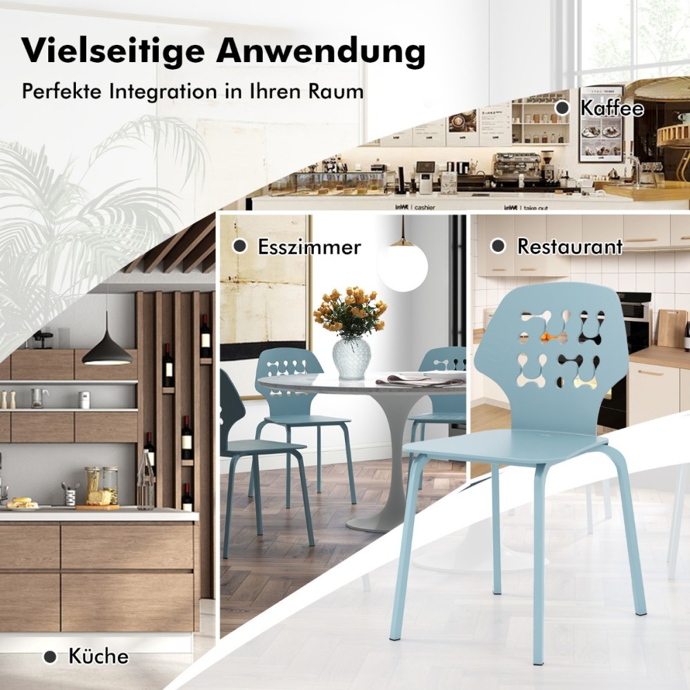 Costway Σετ 4 Μεταλλικών Καρεκλών Τραπεζαρίας με Μοντέρνα Διάτρητη Πλάτη σε Μπλε Χρώμα KC56611BL-4