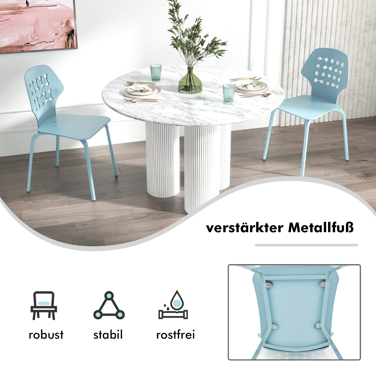 Costway Σετ 4 Μεταλλικών Καρεκλών Τραπεζαρίας με Μοντέρνα Διάτρητη Πλάτη σε Μπλε Χρώμα KC56611BL-4