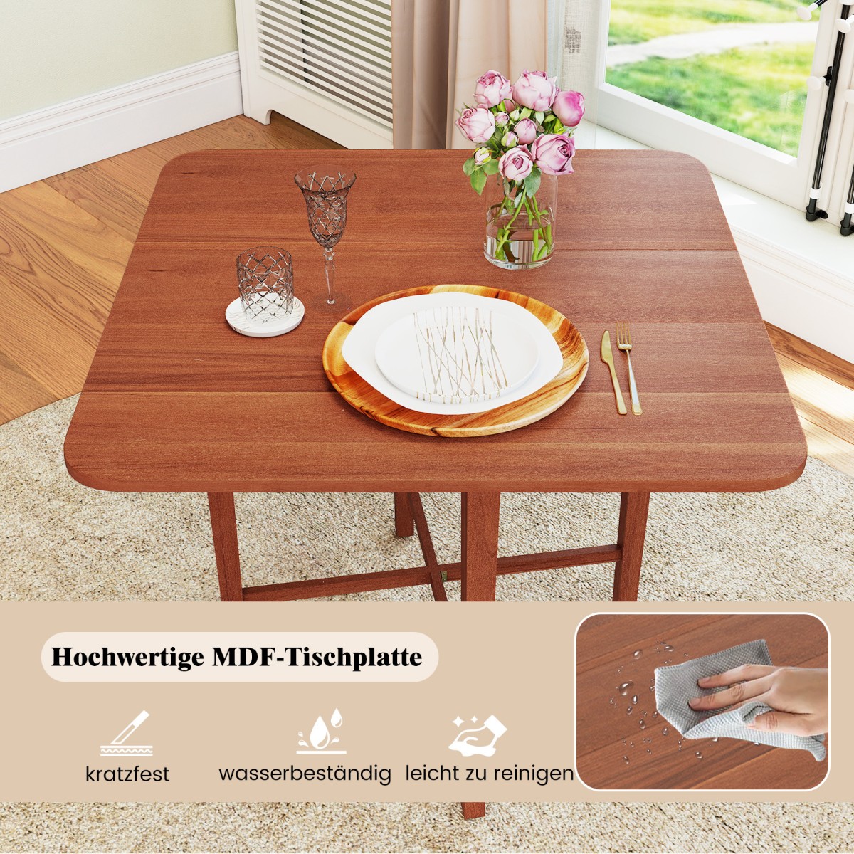 Τετράγωνο Ξύλινο Τραπέζι Φαγητού για 2-4 Άτομα με Αναδιπλούμενες Προεκτάσεις - Καφέ 90 x 90 x 74,5cm KC58821WN Costway