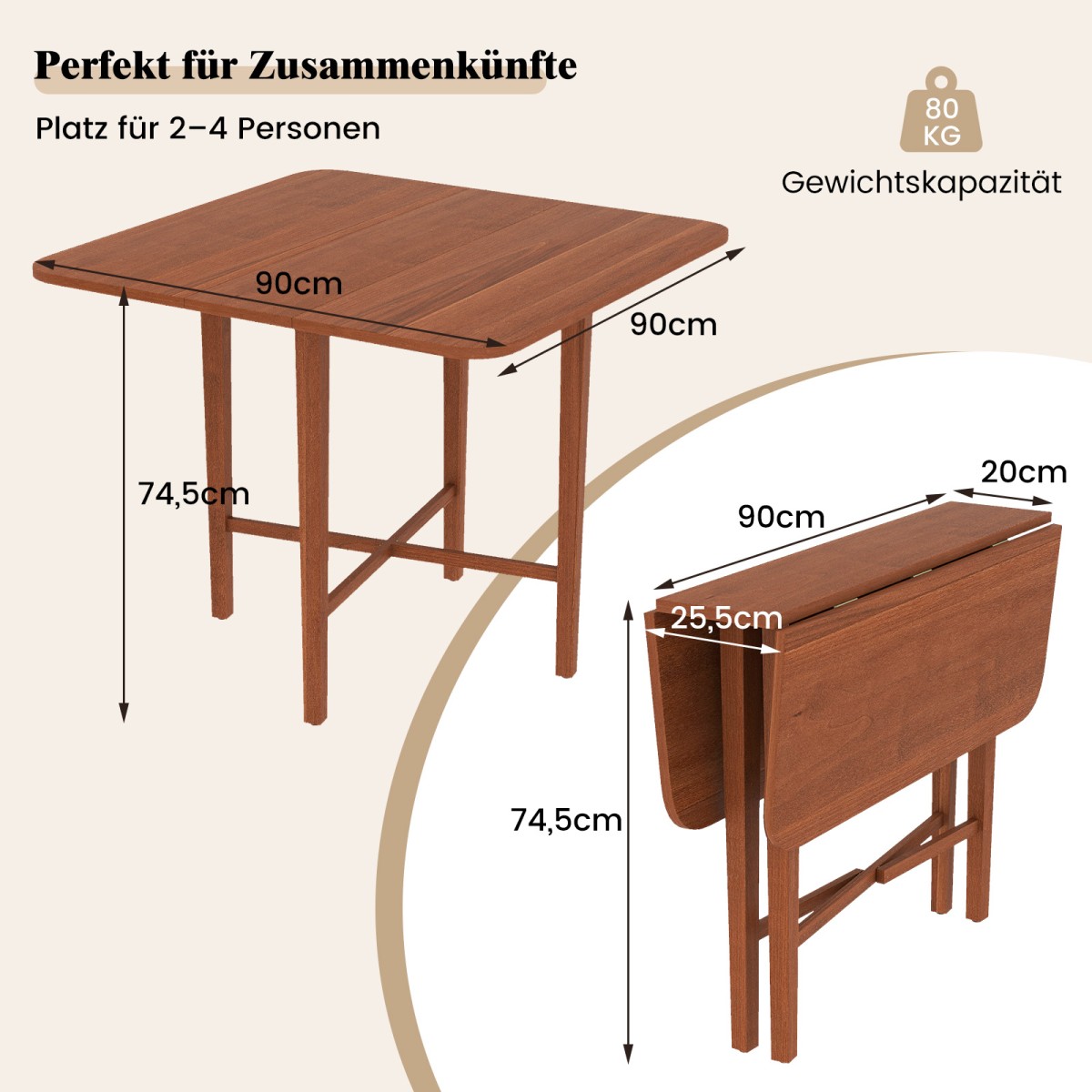 Τετράγωνο Ξύλινο Τραπέζι Φαγητού για 2-4 Άτομα με Αναδιπλούμενες Προεκτάσεις - Καφέ 90 x 90 x 74,5cm KC58821WN Costway