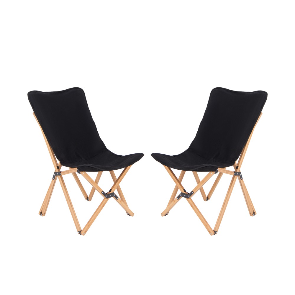 Costway Σετ Διπλών Πτυσσόμενων Καρεκλών από Μπαμπού με Τσέπη - 150 kg, Μαύρο NP10906DK-2