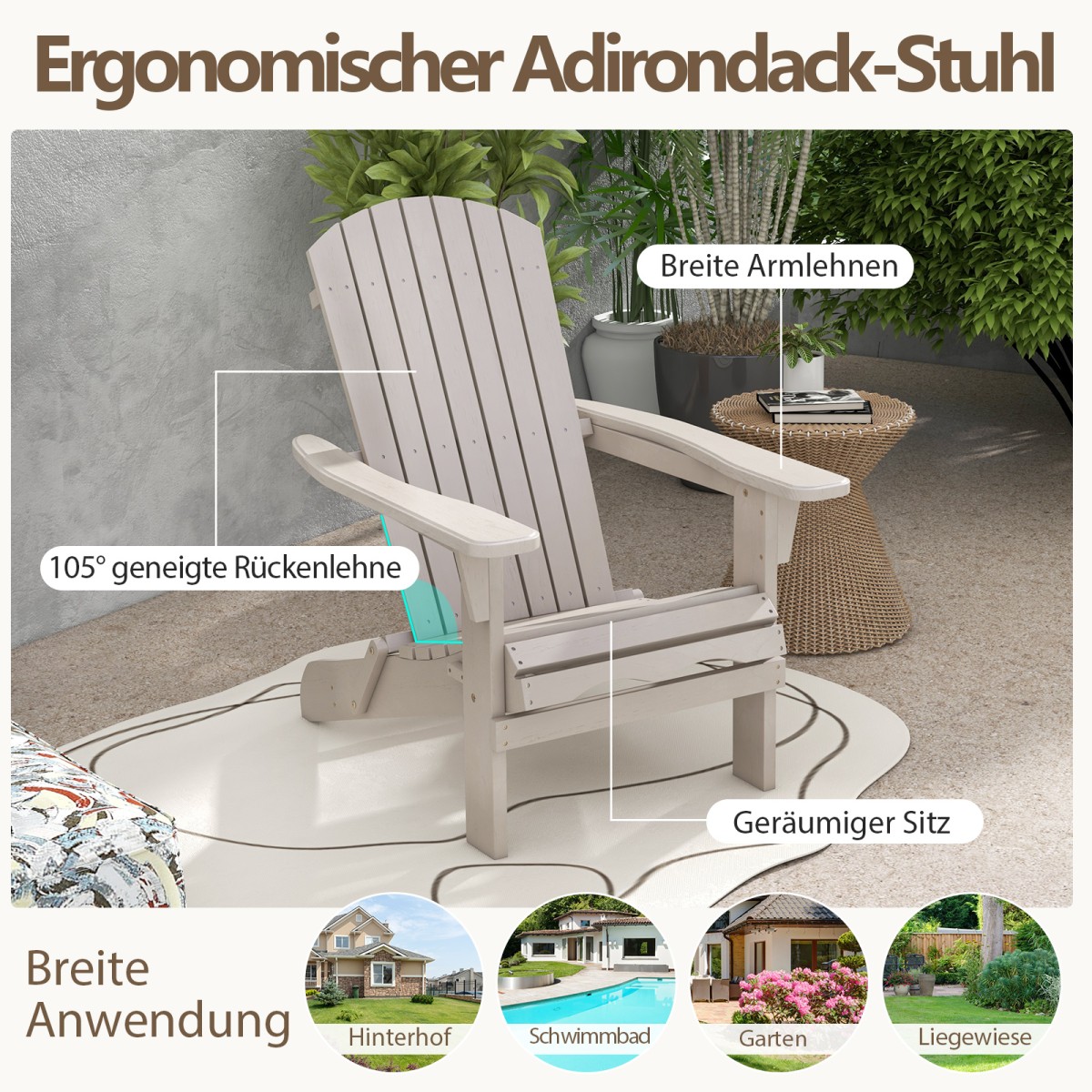 Costway Διθέσιο Σετ Αναδιπλούμενων Καρεκλών Adirondack Ξύλινες 180 kg Γκρι NP11799HS-2