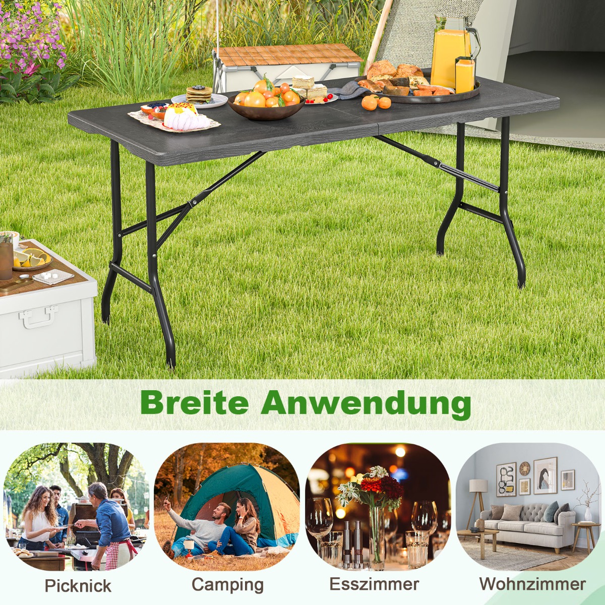 Costway Πτυσσόμενο Τραπέζι Camping με HDPE Επιφάνεια & Χειρολαβή 152 x 70 cm NP11840BK