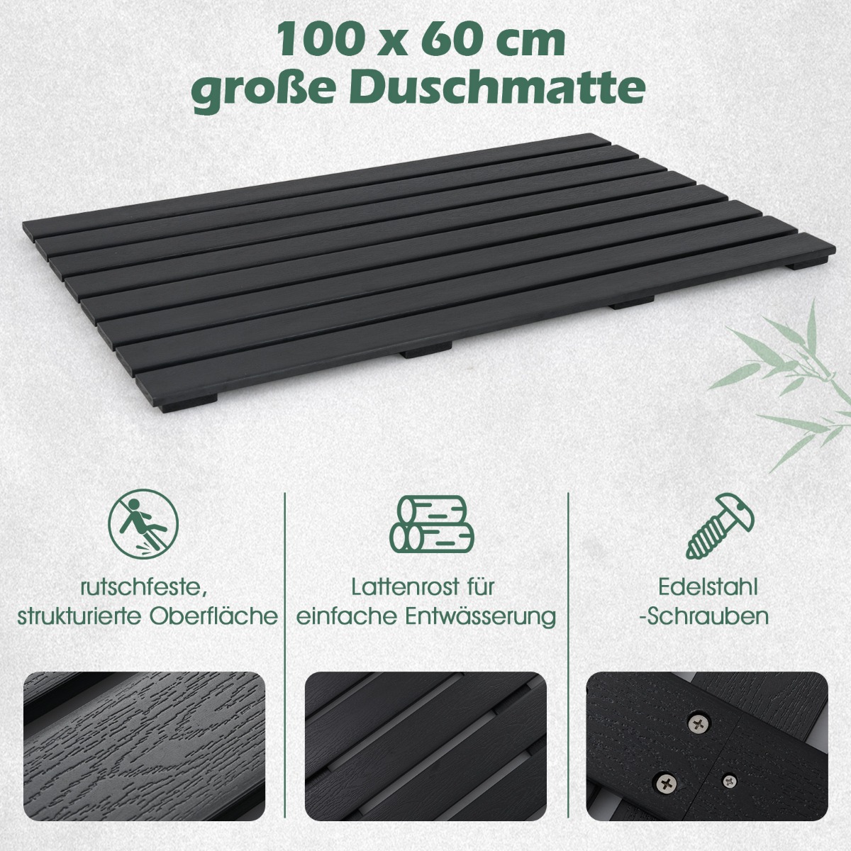 Costway Αδιάβροχο Χαλάκι Μπάνιου WPC 100 x 60 cm με Αντιολισθητική Υφή και Σχεδιασμό Λαττών NP12013BK