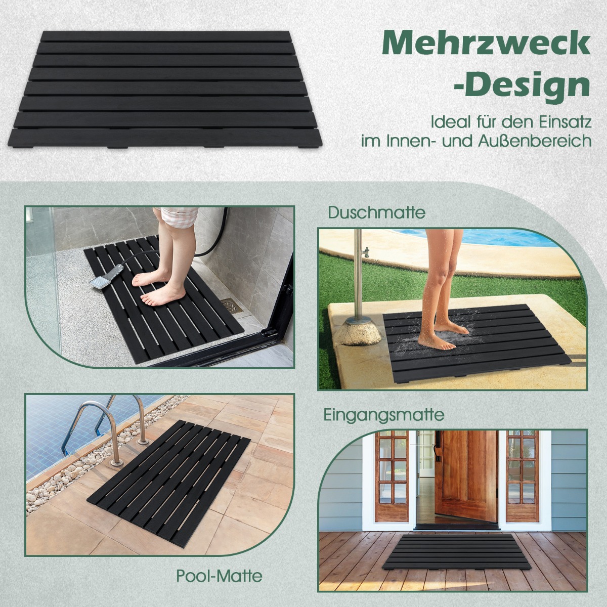 Costway Αδιάβροχο Χαλάκι Μπάνιου WPC 100 x 60 cm με Αντιολισθητική Υφή και Σχεδιασμό Λαττών NP12013BK