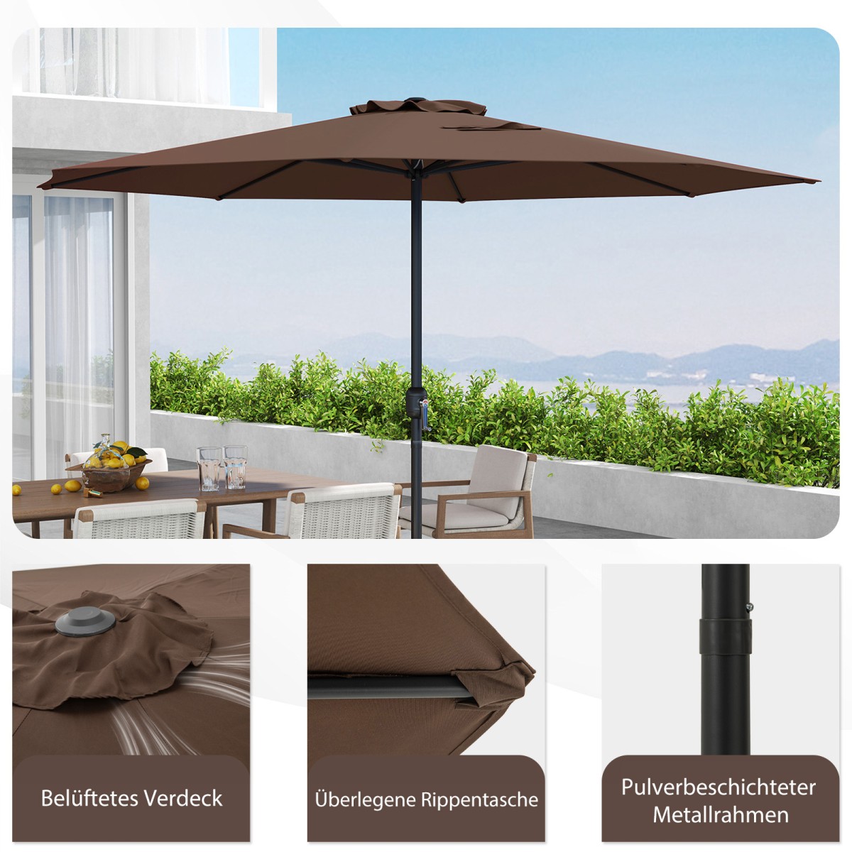 Costway Ομπρέλα Κήπου 350 cm με Μανιβέλα, 8 Ακτίνες, Καφέ, 250 x 360 x 360 cm NP12131CF