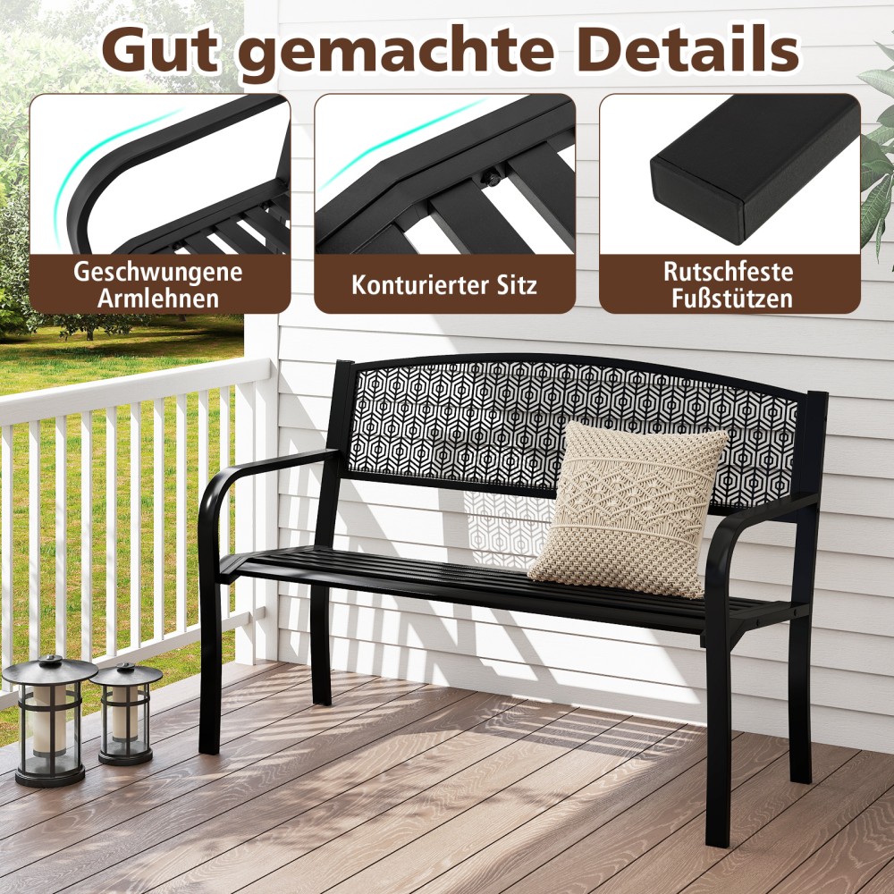Costway Μαύρος Μεταλλικός Πάγκος Κήπου για 2 Άτομα με Μπράτσα, 128 x 60 x 86 cm NP12197BK