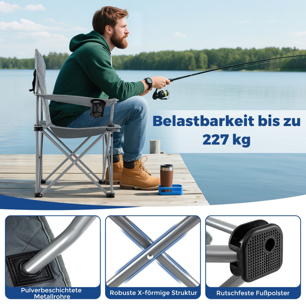 Costway XXL Πτυσσόμενη Καρέκλα Camping με Ψυκτική Τσάντα & Θήκη Ποτηριού 227KG Φορτίο Αναπαυτική Καρέκλα Ψαρέματος Γκρι 102 x 55 x 97 cm NP12634GR