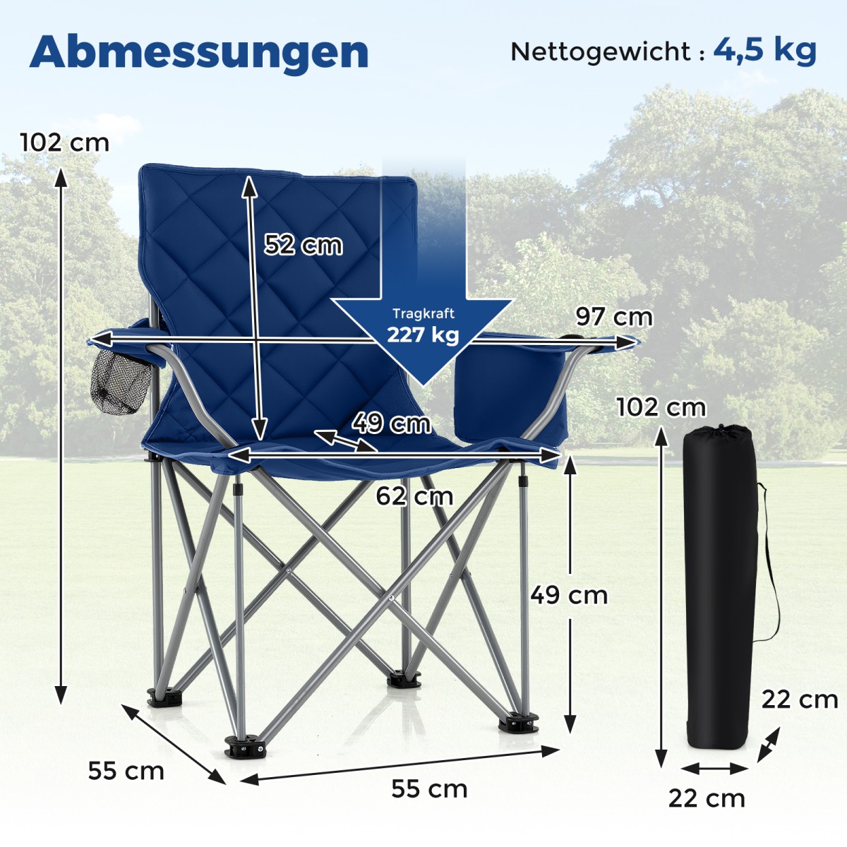 Costway Πτυσσόμενη Καρέκλα Camping με Θερμόσακο & Θήκη Ποτηριού, Αντοχή 227KG, Μαξιλαρωμένη Καρέκλα Ψαρέματος, Navy NP12634NY