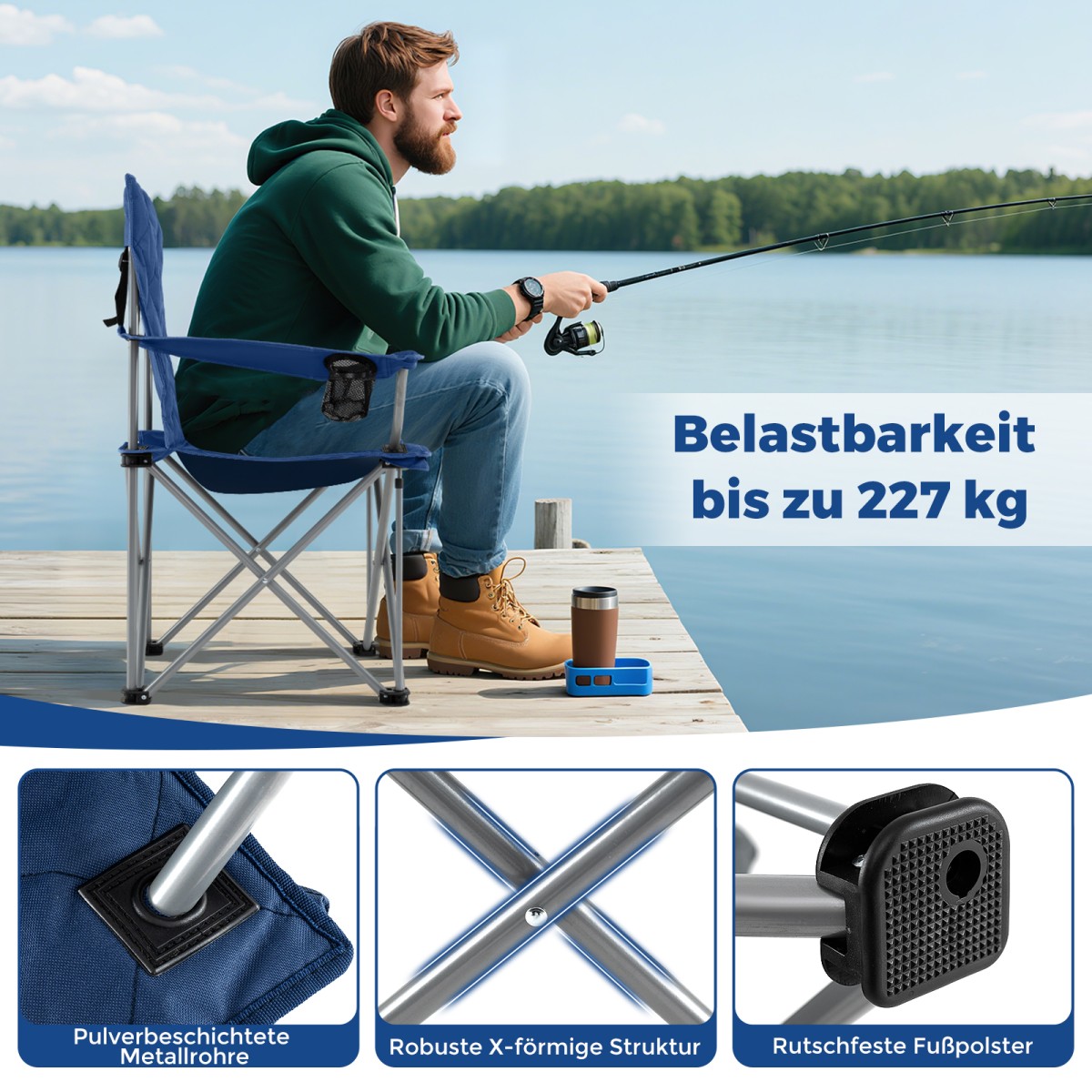 Costway Πτυσσόμενη Καρέκλα Camping με Θερμόσακο & Θήκη Ποτηριού, Αντοχή 227KG, Μαξιλαρωμένη Καρέκλα Ψαρέματος, Navy NP12634NY
