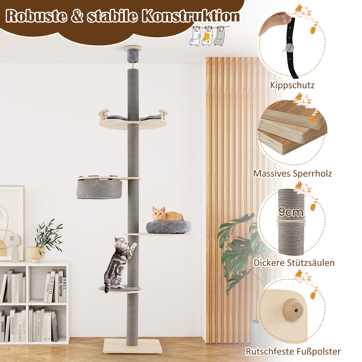 Costway Ρυθμιζόμενο Γκρι Ουρανοξύστης Γάτας 236-271 cm με 5 Επίπεδα PV10382GR
