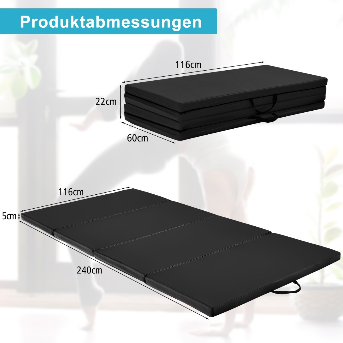 Costway Πτυσσόμενο Στρώμα Ασκήσεων 240x120x5 cm με Βέλκρο & 2 Χειρολαβές Μαύρο SP36183BK