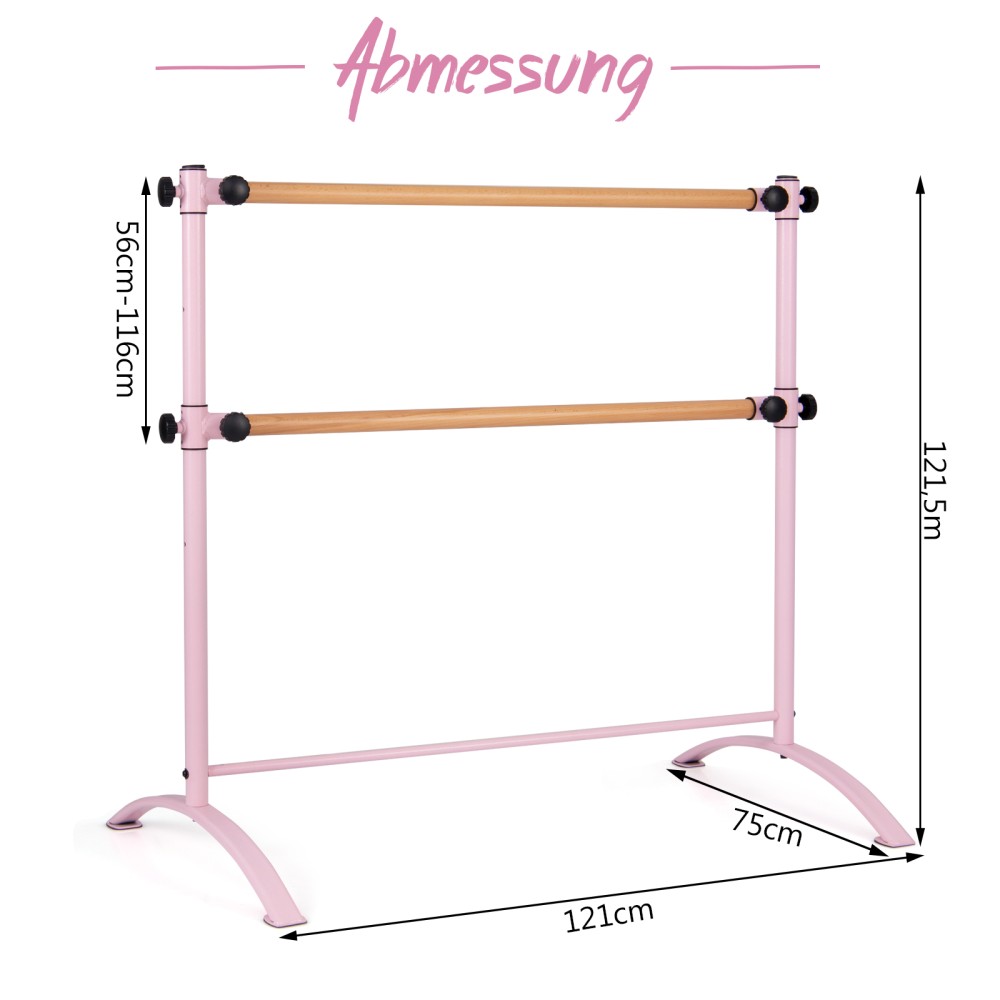 Costway Ροζ Φορητή Μπαλέτο Μπάρα 121x75x121,5 cm με Διπλές Ρυθμιζόμενες Ξύλινες Ράβδους SP37862PI