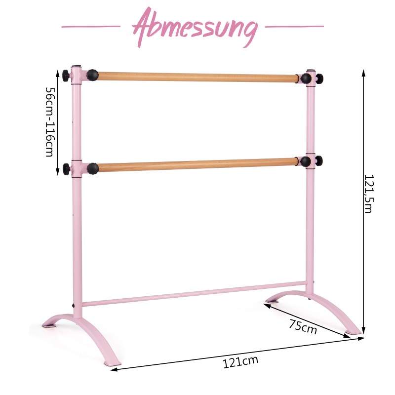 Costway Ροζ Φορητή Μπαλέτο Μπάρα 121x75x121,5 cm με Διπλές Ρυθμιζόμενες Ξύλινες Ράβδους SP37862PI