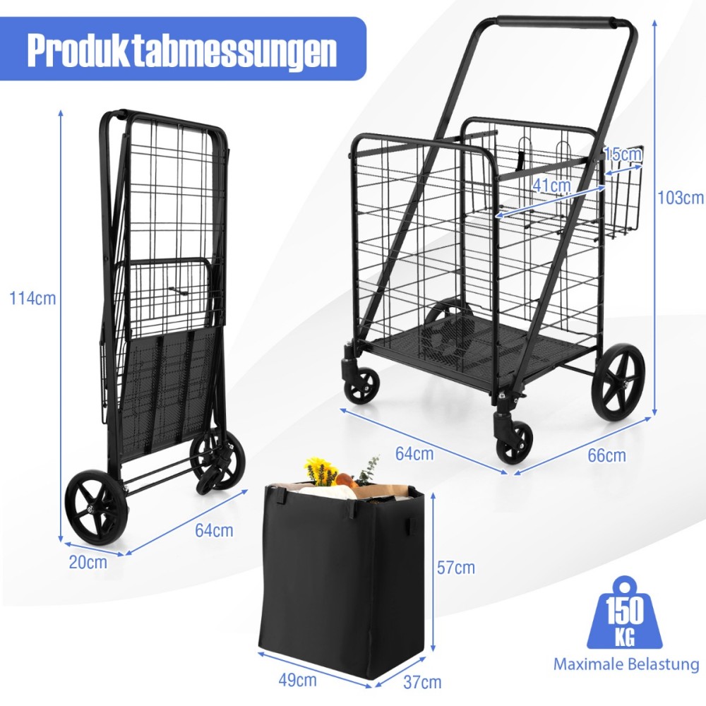 Costway Πτυσσόμενο Καρότσι Αγορών με Αποσπώμενη Τσάντα Oxford & 2 Καλάθια σε Μαύρο Χρώμα TA10046DK