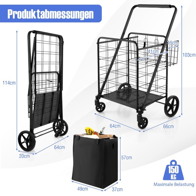 Costway Πτυσσόμενο Καρότσι Αγορών με Αποσπώμενη Τσάντα Oxford & 2 Καλάθια σε Μαύρο Χρώμα TA10046DK