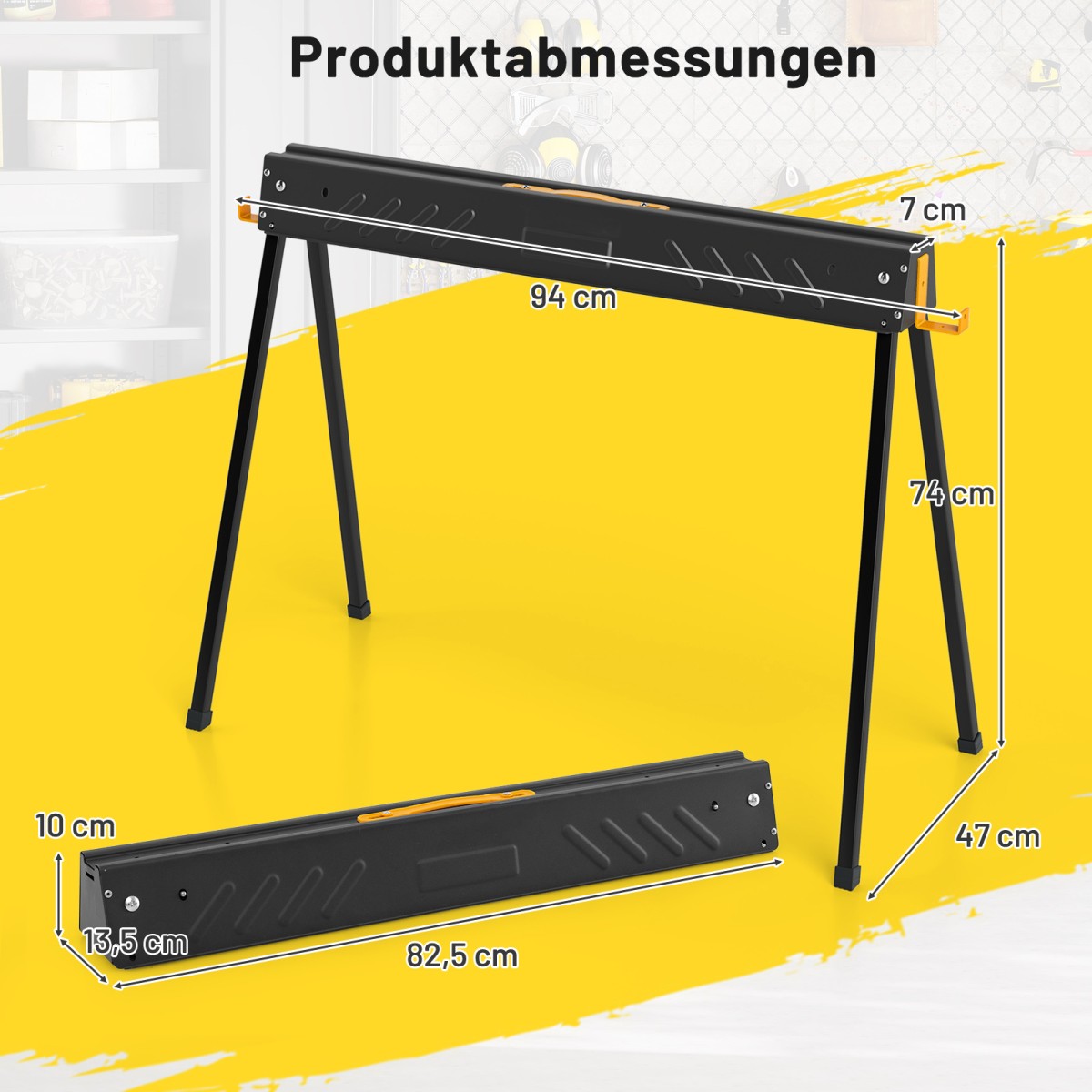 Costway Σετ Δύο Πτυσσόμενα Σκαμπό Μέχρι 500KG με 4 Βραχίονες Στήριξης - 94 x 47 x 74 cm - Μαύρο TJ10030