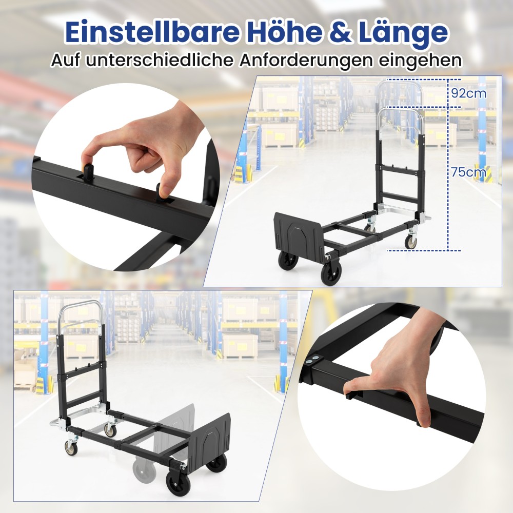 Costway 3-σε-1 πτυσσόμενο καρότσι βαρέως τύπου με επεκτεινόμενη λαβή & ρυθμιζόμενο μήκος φορητό καρότσι μεταφοράς - Μαύρο TL35888