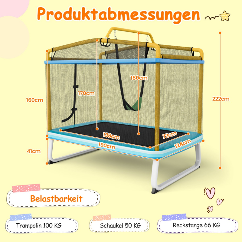 Costway  Ορθογώνιο 3-σε-1 τραμπολίνο για παιδιά με δίχτυ Μπλε + Κίτρινο 190 x 124 cm. TW10089EU-YE
