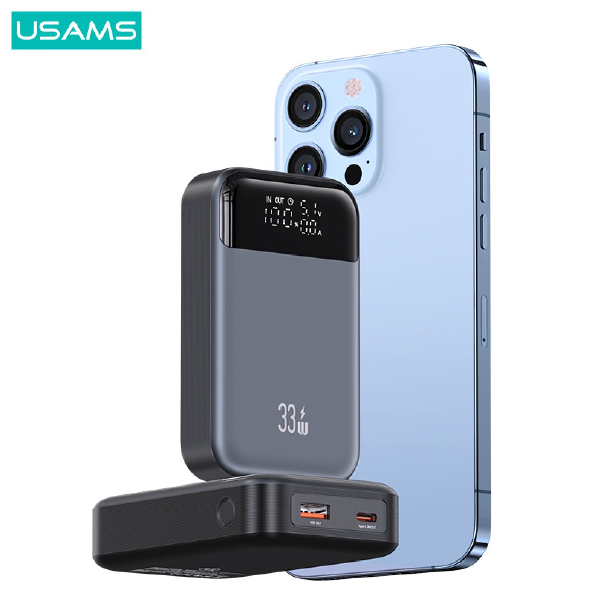 USAMS power bank CD221 με οθόνη, 2x θύρες εξόδου, 10000mAh, PPS 33W, γκρι